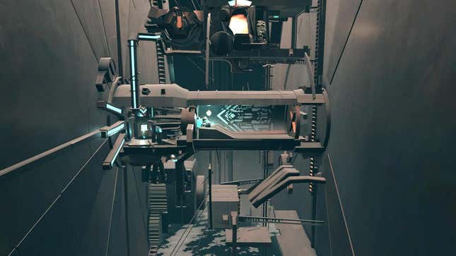 The kid plays with a gizmo in a building in Far Changing Tides on Xbox Game Pass.