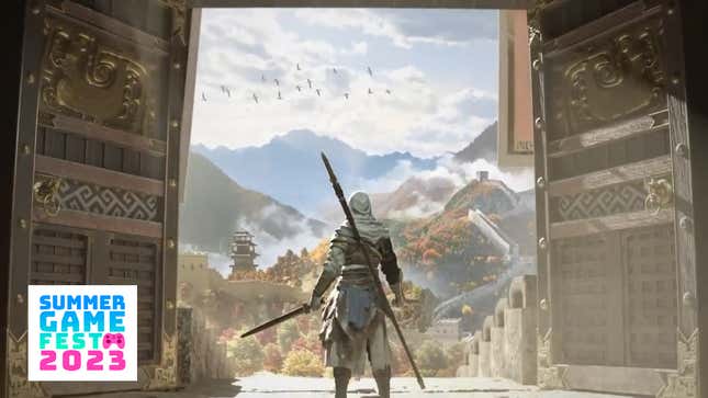 An assassin looks through a pair of doors to see ancient China.