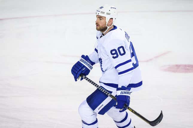 Mar 2, 2023; Calgary, Alberta, CAN; Toronto Maple Leafs center Ryan O&#39;Reilly (90) skates during the warmup period against the Calgary Flames at Scotiabank Saddledome.