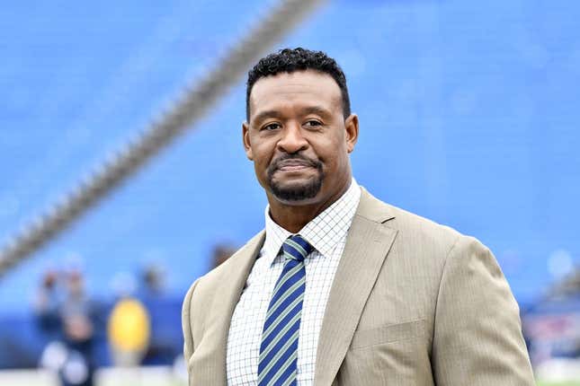 Sep 29, 2019; Orchard Park, NY, USA; New England Patriots former player and current NFL Network analyst Willie McGinest on the field prior to a game between the Buffalo Bills and the New England Patriots at New Era Field.