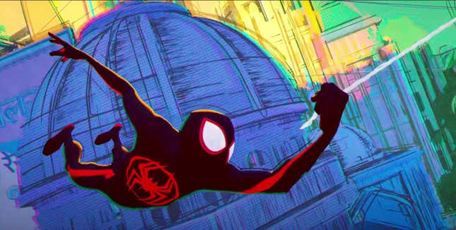 Animated Spider-Man Miles Morales swings across the Spider-Verse.