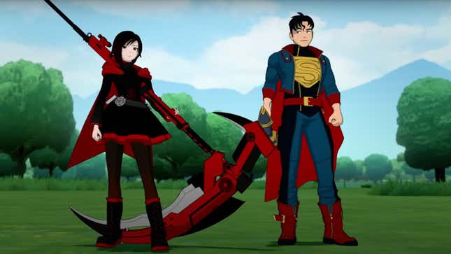 Anime teen Superman side-eyes a girl wielding a comically large scythe.
