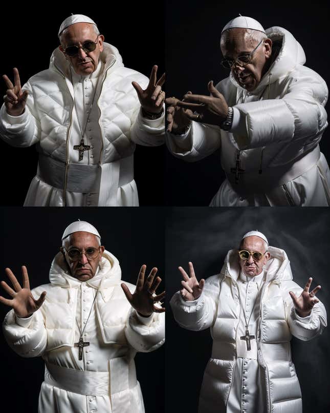 Para crear estas fotos, Xavier usó el prompt “Catholic Pope Francis wearing Balenciaga puffy jacket in drill rap music video, throwing up gang signs with hands, taken using a Canon EOS R camera with a 50mm f/1.8 lens, f/2.2 aperture, shutter speed 1/200s, ISO 100 and natural light, Full Body, Hyper Realistic Photography, Cinematic, Cinema, Hyperdetail, UHD, Color Correction, hdr, color grading, hyper realistic CG animation —ar 4:5 —upbeta —q 2 —v 5&quot;