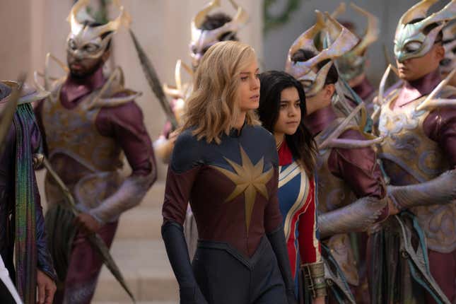 Brie Larson as Captain Marvel/Carol Danvers and Iman Vellani as Ms. Marvel/Kamala Khan in The Marvels.