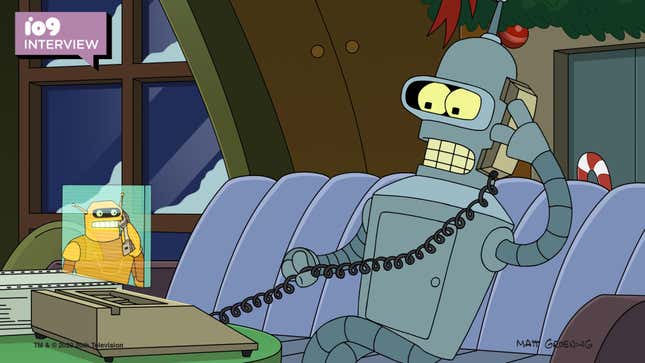 Bender talks on the video phone to his sorta-buddy, Calculon