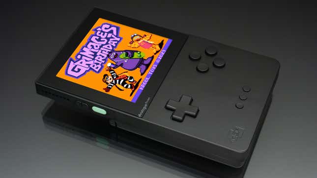A simulated image of the Grimace's Birthday Game Boy Color game being played on the Analogue Pocket.