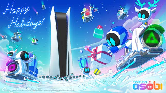 An illustration shows bot from the game Astro got on sleds with gifts and a giant PlayStation 5.