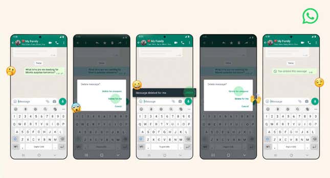 Imagen para el artículo titulado Adiós a situaciones embarazosas: WhatsApp por fin te dejará dar marcha atrás con los mensajes borrados por error