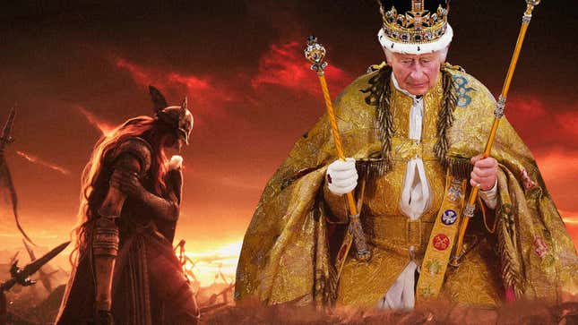 King Charles III is overlooking Elden Ring's Malenia, Blade of Miquella with his golden crown, robe, and staves.