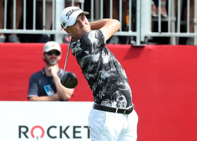June 30, 2023; Detroit, MI, USA; Justin Thomas tees off on the sixth hole during the second round of the Rocket Mortgage Classic on Friday, June 29, 2023, at the Detroit Golf Club.