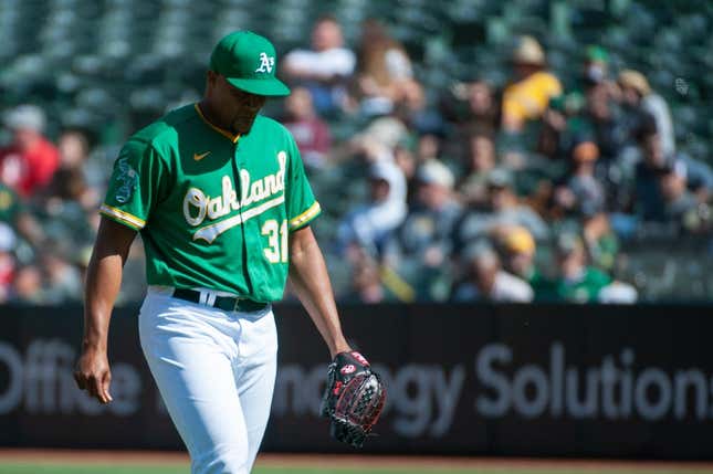 Apr 29, 2023; Oakland, California, USA; Oakland Athletics relief pitcher Jeurys Familia (31) walks back to the dugout after the top of the 9th inning at RingCentral Coliseum.