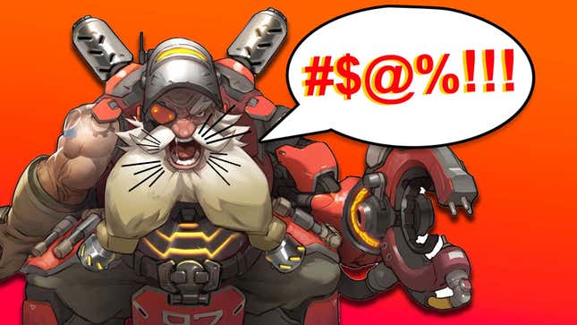Overwatch's Torbjorn standing in front of a read background, with a speech bubble that looks like he's saying a naughty word. 