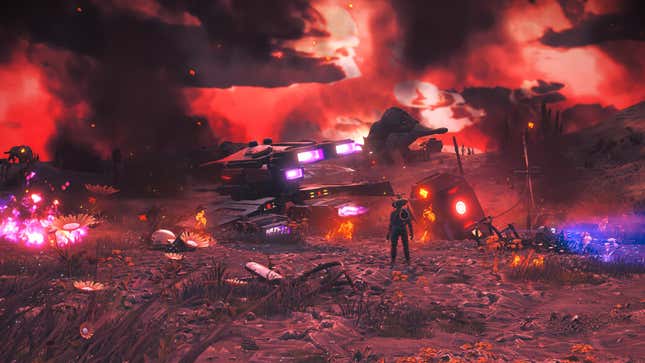 A Traveller stands among the wreckage of a crashed ship.