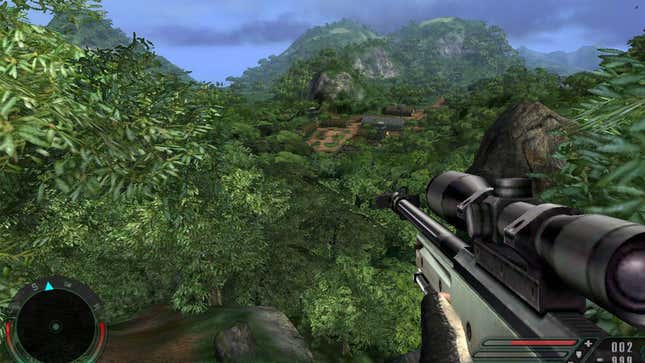 A screenshot of Far Cry showing a player with a sniper rifle looking over a jungle. 