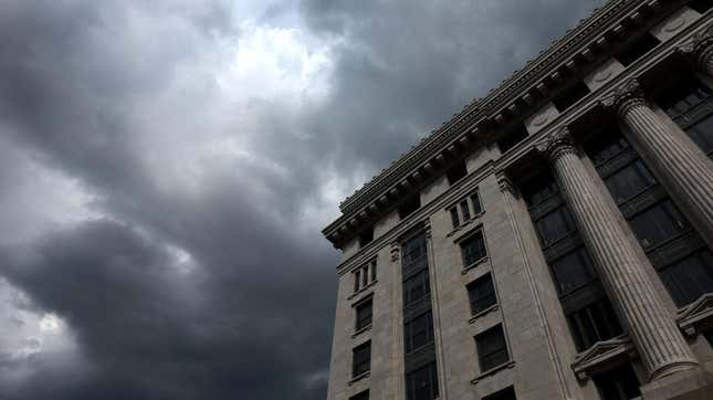 Storm clouds form over the Fulton County Courthouse on August 07, 2023 in Atlanta, Georgia.