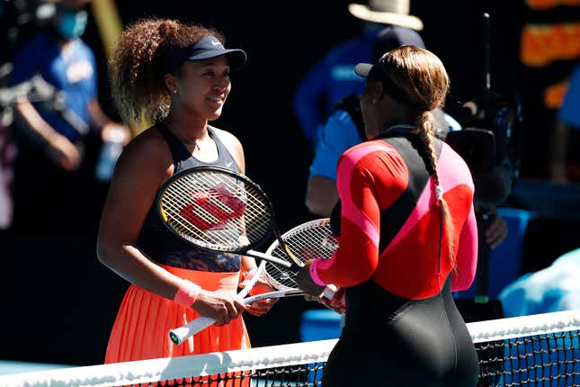 erena Williams embraces Naomi Osaka following her defeat in their Women’s Singles Semifinals match during day 11 of the 2021 Australian Open at Melbourne Park on February 18, 2021 in Melbourne, Australia. (Photo by Daniel Pockett/Getty Images)