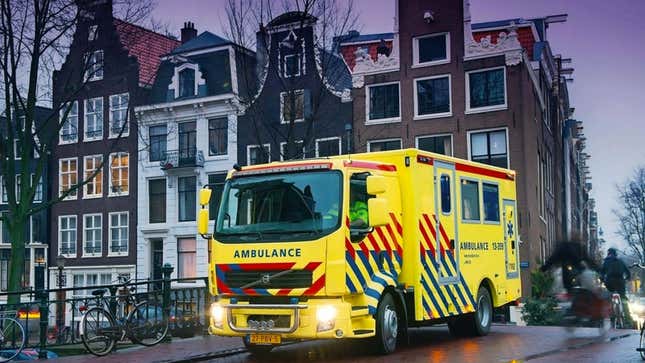 An ambulance drives over a bridge in the Netherlands 