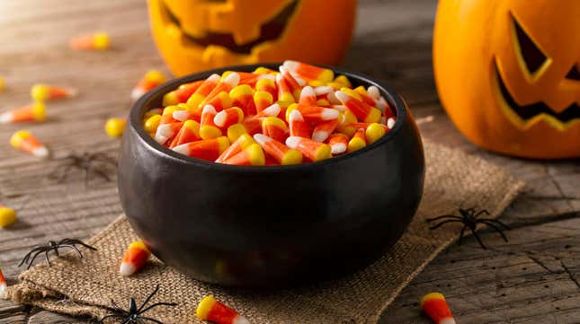 Halloween cauldron full of candy corn