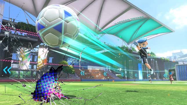 An image from Nintendo Switch Sports showing a player kicking a ball, with a broken display PNG-like file overlayed on top.