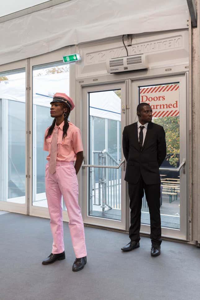Julia Scher’s Guards (2004) at Frieze Live, Frieze London, 2018.
