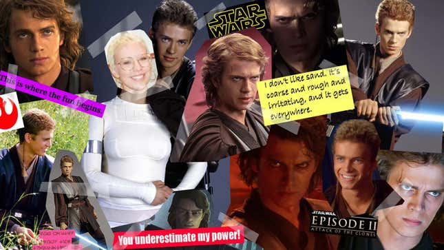 A collage of images of Hayden Christensen as Anakin Skywalker and quotes from the series