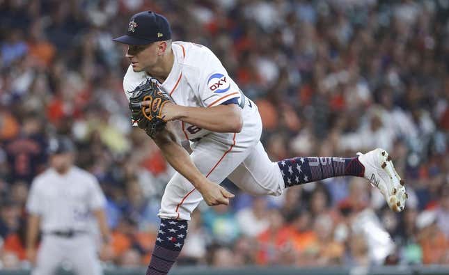 Jul 4, 2023; Houston, Texas, USA; Houston Astros starting pitcher Brandon Bielak (64) delivers a pitch during the first inning against the Colorado Rockies at Minute Maid Park.