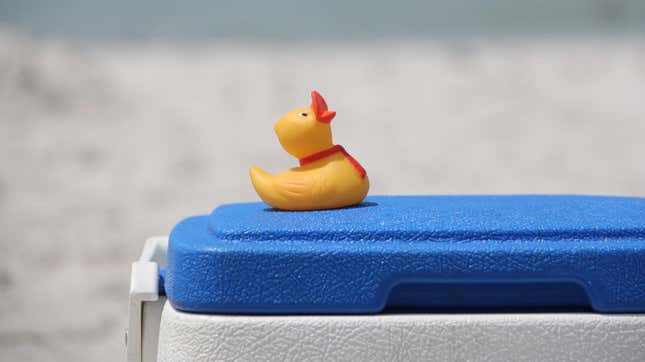 Rubber duck on top of cooler on the beach