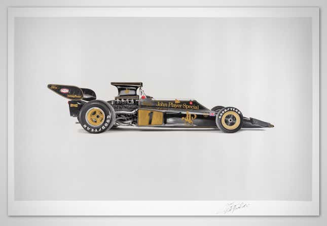 Image for article titled These Large-Format Prints of Fittipaldi&#39;s Lotus 72 Are Made With Real Gold