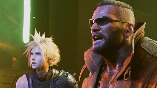 Final Fantasy VII Remake's Cloud and Barrett stand stunned with their jaws hanging open. 