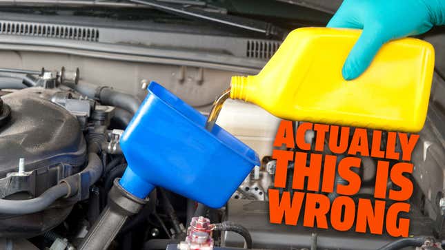 a photo showing the wrong way to fill your motor oil when changing your car's oil. the correct way is to put the spout at the top of the bottle, so the oil pours smoothly and doesn't spill or drip.