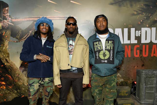 (L-R) Quavo, Offset and Takeoff of Migos attend Call of Duty: Vanguard launch event with a first-ever verzuz concert at The Belasco on November 03, 2021 in Los Angeles, California. (Photo by Jon Kopaloff/Getty Images For Activision)