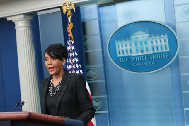 WASHINGTON, DC - JANUARY 13: White House Public Engagement Advisor Keisha Lance Bottoms speaks a press briefing at the White House 