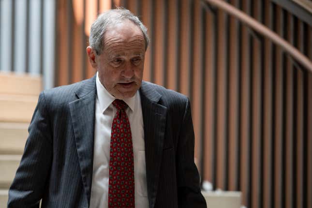 Sen. Jim Risch (R-ID), Chairman of the Senate Foreign Relations  Committee, heads into a briefing for Senators by officials from the  Department of Homeland Security, Federal Bureau of Investigations,  Director of National Intelligence, and the National Security Agency on  the state of election security on Capitol Hill on March 10, 2020 in  Washington, DC.