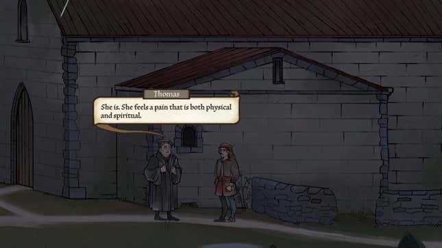 Thomas tells Andreas about a character in the game Pentiment.