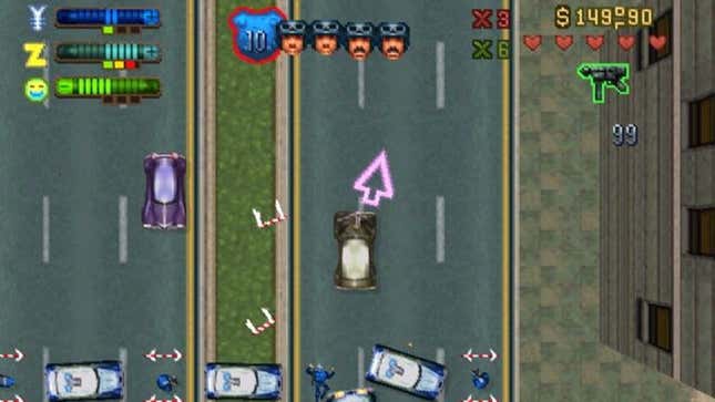 A player drives a brown and white car away from police in GTA 2. 
