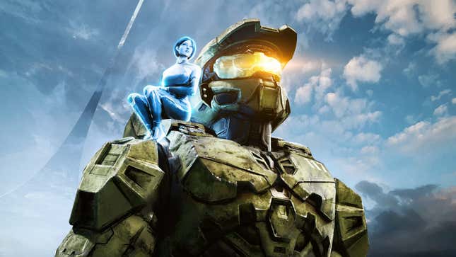 The Weapon sits on Master Chief's shoulder as Zeta Halo looms in the background in concept art for Halo Infinite.