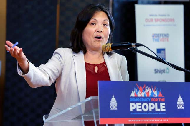 FILE -Julie Su, Acting Labor Secretary, speaks during an impromptu appearance at the &quot;Democracy for the People&quot; tour, a race and democracy summit sponsored by the Congressional Black Caucus, Wednesday, July 28, 2023, in Houston. Biden administration proposed a new rule Tuesday, Aug. 29, 2023 that would make 3.6 million more U.S. workers eligible for overtime pay, reviving an Obama-era policy effort that was ultimately scuttled in court. “I’ve heard from workers again and again about working long hours, for no extra pay, all while earning low salaries that don’t come anywhere close to compensating them for their sacrifices,” Acting Secretary of Labor Julie Su said in a statement. (AP Photo/Michael Wyke, File)