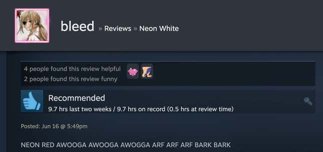 Image for article titled Neon White’s Steam Reviews Are Horny As Hell