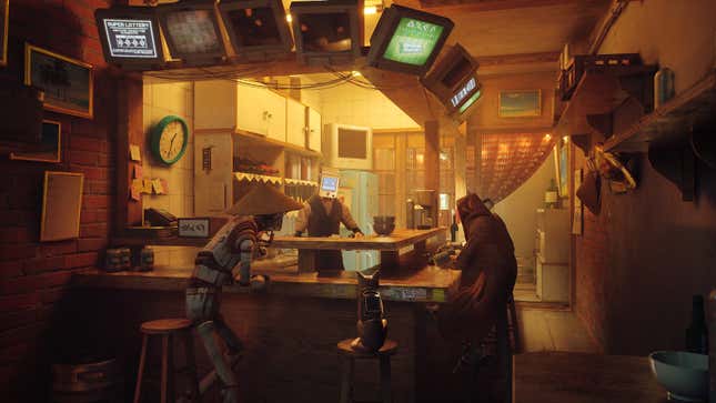 The feline protagonist sits at a bar, surrounded by robotic humanoids.