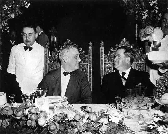 U.S. President Franklin D. Roosevelt and Mexican President Manuel Avila Camacho during a state visit by Roosevelt to Monterrey, Mexico, April 20, 1943. (Source: National Archives via The Conversation)