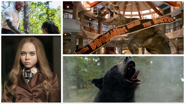 Clockwise from top left: Knock At The Cabin, Jurassic Park, Cocaine Bear, M3GAN (all Universal Pictures)