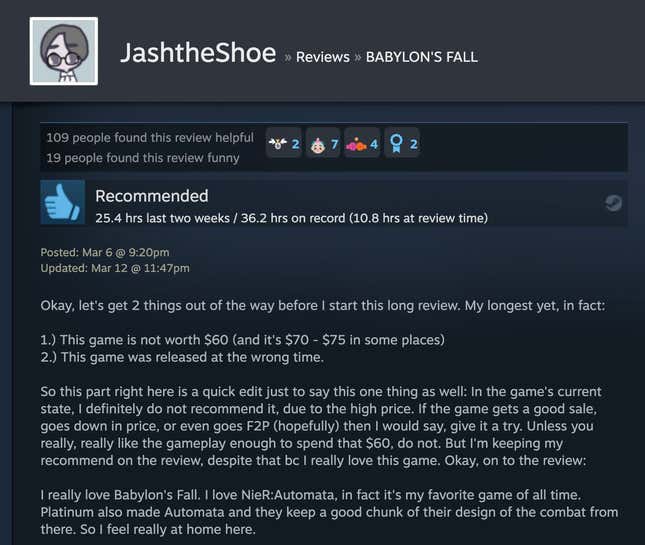 Image for article titled Babylon’s Fall, As Told By Steam Reviews