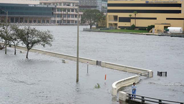 Una mujer examina las inundaciones en Bayshore Blvd., a lo largo de Old Tampa Bay, después de que los vientos del huracán Idalia empujaron agua sobre el malecón en 30 de agosto de 2023, en Tampa, Florida.