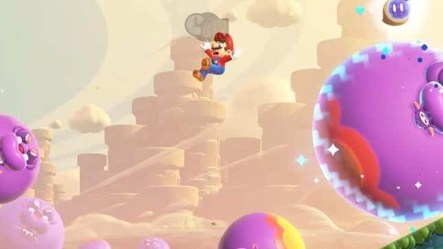 Mario tumbles through the air with a worried look. 