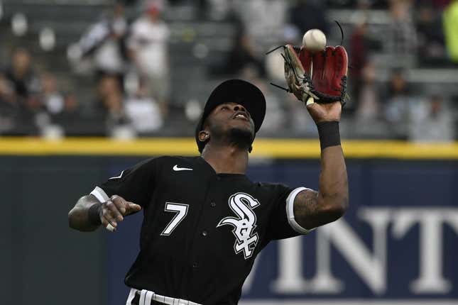 May 16, 2023; Chicago, Illinois, USA; Chicago White Sox shortstop Tim Anderson (7) catches a fly ball hit by Cleveland Guardians left fielder Steven Kwan (not pictured) during the first inning at Guaranteed Rate Field.