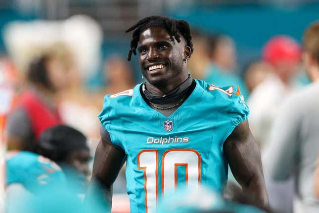 Aug 11, 2023; Miami Gardens, Florida, USA; Miami Dolphins wide receiver Tyreek Hill (10) looks on against the Atlanta Falcons in the fourth quarter at Hard Rock Stadium.