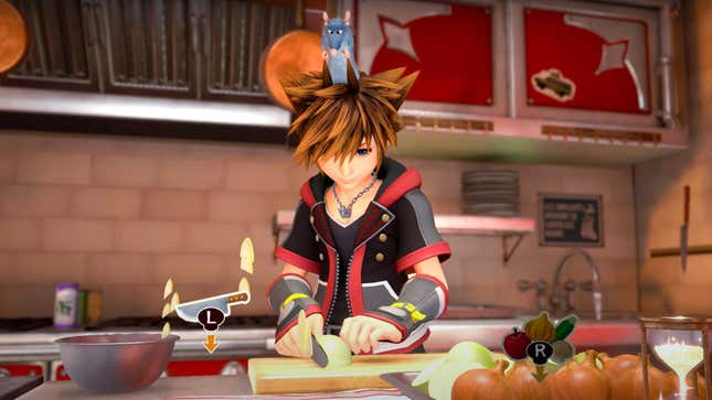 Spiky-haired Sora chops an onion while guided by Remy from Ratatouille. 