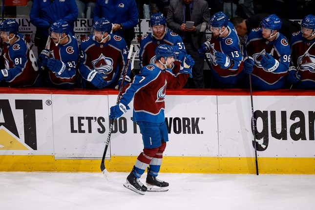 Apr 20, 2023; Denver, Colorado, USA; Colorado Avalanche defenseman Devon Toews (7) celebrates with the bench after his goal in the third period against the Seattle Kraken in game two of the first round of the 2023 Stanley Cup Playoffs at Ball Arena.