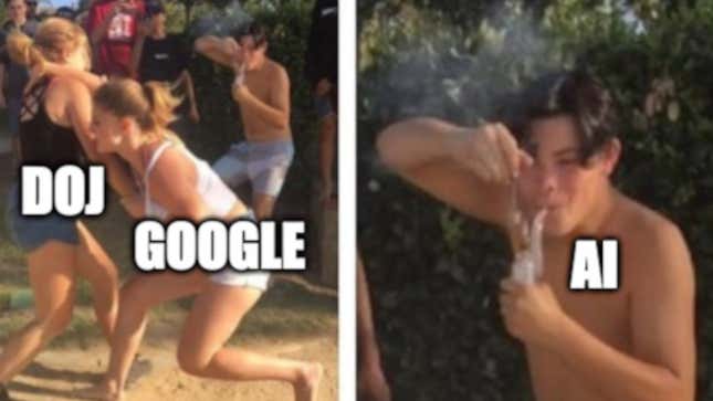 A meme of a man smoking weed while two women fight. The man is labeled "AI" while the two women are "DOJ" and "Google."