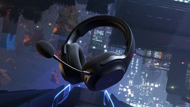 A gaming headset hangs suspended in a cyberpunk future.